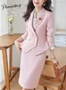 Yitimuceng Elegante Damen-Rockanzüge für Frauen, Herbst-Winter, modisch, langärmelig, einfarbig, Büro-formeller Blazer, 2-teiliges Set 240202