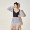 Women's Swimwear Wisuwore 2024 Korean Ins Long-sleeved One-piece Swimsuit Conservative Skirt Style Cover Belly Show Small Chest Swimming