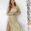 Stedelijke sexy jurken lente zomer bohemien splitjurk met lange mouwen jeugd lieve kleine madeliefjes bedrukte jurk