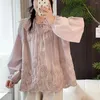 Blouses Femmes Mignon Lolita Jacquard Fleur À Lacets Volants Col Coton Poupée Chemise Femmes Lâche Large Chemisier Haut Femme Bottoming