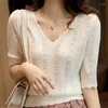 Pulls pour femmes Été manches courtes creux col en V tricot femmes pull hauts Blusas Mujer de Moda 2024 Verano tricoté Womem pull E822