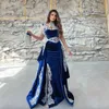 Privado personalizado marroquino caftan vestido de noite apliques renda boné manga azul real sereia fenda veludo árabe vestidos de baile