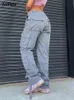 Été femmes Vintage gris Cargo pantalon taille haute jambe large jean Baggy mode décontractée plusieurs poches maman Hip Hop Street Style 240202