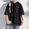 Summer Waffle Hooded Short Sleeve T-shirt Korean Fashion Fake Two Tshirt Y2K Streetwear Oversize Tee Tops Casual ropa hombre 240129