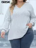 GIBSIE Plus Size Langarm-T-Shirts für Frauen Frühling Herbst Mode V-Ausschnitt Solide Rippenstrick Casual Tee Tops Weiblich 2023 Kleidung 240130