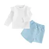 Set di abbigliamento Bambini Neonate Abiti autunnali Carino volant Manica lunga O Collo T-shirt bianche Bottoni Mini gonne corte 2 pezzi Abiti per feste di compleanno