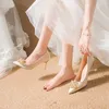 Dress Shoes Bridal 2024 High Heels Pointed Toe Slip On Brief Pumps Lace-Up Sandals Ladies Bride Latest Crystal Spikes Beige 3cm Casual