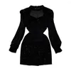 Casual Dresses Vintage Style Square Neck Velvet Dress Women's Spring Autumn Waist Slim Shining Sparke Female Birthday Party Mini