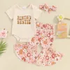 Kledingsets Tantes Dwz Babykleding Meisje Tante Zeggen Brief Romper Shirt Bloemen Flare Broek Hoofdband 3-delige outfit