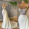 2021 Sexy Arabic Mermaid White Evening Dresses Wear Spaghetti Straps Sleevelesss Crystal Beads Pearls Satin Formal Prom Gowns Part5990464