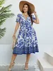 Plus Size Women Flower Print Vneck Aline Dresses Elegant Ruffle Kort ärmar Party Robe Casual Lady Large Tyg 240202