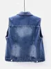 New denim womens tank top luxury pearl fashion open front autumn jeans jacket sleeveless loose short jacket waist jacket 5XL 240216