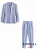 KONDALA Office Lady Light Blue Blazer Suits Women 2 Pieces V Neck Loose JacketsHigh Waist Sashes Pants Fashion Autumn Sets 240202