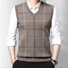 Men's Vests Men Fall Spring Sweater Vest Knitted Loose Pullover Plaid Print Soft Warm Mid-aged Father Grandfather
