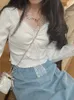 Zoete Kanten Top Vrouwen Wit Slanke T-shirt Vrouwelijke Koreaanse Vierkante Kraag Lange Mouw Tees Dames Mode Casual Chic Shirt 240202