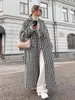 Elegant Women Long Coats High Street Long Sleeve Double Breasted Houndstooth Print Straight Trench Coats Black Overcoat 240202