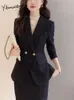 Yitimuceng Fashion Formell kjol passar Womens Office Lady Stäng av krage dubbelbröst Blazer Chic Mini Tvådeluppsättningar 240202