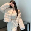 Vintermode faux päls kappa kvinnor korea mode varma fjäder rockar cardigan kort yttercoat lady party eleganta kläder 240125