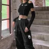 Kvinnors T-skjortor Patchwork Black T-shirts Gotiska en axelhylsa Y2K Crop Tops Ruffles Hem Hip Hop Techwear Women Tees