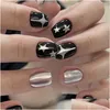 Накладные ногти 24 шт., черные короткие круглые Y2K Sier Star Design, французские накладные ногти Fl Er, съемные кончики ногтей, доставка, доставка, здоровье, красота, A Ot0V8