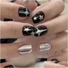 Falsche Nägel 24 Stück Schwarz Kurz Rund Y2K Silber Stern Design Französisch Fake Fl Er Abnehmbare Nagelspitzen Drücken Sie auf Drop Delivery Health Beauty A Ot0V8