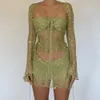 2024 Femmes Crochet Robe Tricotée 2 Pièces Jupe À Paillettes Ensembles D'été Sexy Élégant Mini Y2k Jupe Corps Creux Jupe Crop Top Robe 240202