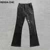REDDACHIC Jeans svasati rivestiti in cera nera Uomo Pantaloni bootcut testurizzati elasticizzati aderenti con patchwork Pantaloni hip-hop vintage Y2k 240119