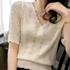 Pulls pour femmes Été manches courtes creux col en V tricot femmes pull hauts Blusas Mujer de Moda 2024 Verano tricoté Womem pull E822