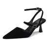 Sandals Kid Suede Closed Pointed Toe Women Summer Black Green High Thin Heeled Party Shoes Sexy Ladies Ankle Strap