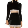 Womens Crystal Long Sleeve Black Short Skirt Set Wrapped Hip Tassel Tight Sexy Velvet Clothing 240202