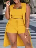 Plus Size Casual Outfits Three Piece SetWomens Plus Solid Ribbed Tank Top Drawstring Shorts Split Hem Cardigan Outfits 240202