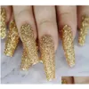 False Nails Glitter Gold Powder Press On Extra Long Coffin Ballerina Shape Fake Fl Er Shiny Ballet Artificial Acrylic Drop Delivery He Otcms