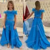 Girl Dresses Royal Blue Jumpsuits Flower For Party Feather Prom Girls Pageant Dress Litter Kids Overskirt Child Birthday Gowns