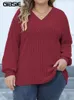 GIBSIE Plus Size Langarm-T-Shirts für Frauen Frühling Herbst Mode V-Ausschnitt Solide Rippenstrick Casual Tee Tops Weiblich 2023 Kleidung 240130