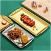 Besteksets Koreaanse stijl 304 roestvrijstalen vierkante barbecueplaat Gouden rechthoekige lade Westerse snack Platte ambachtelijke ornamenten Drop Del Otmze