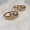 2024 S925 Silver Double T White Fritillaria Diamond Wedding Ring 18K Rose Gold Opening Full Diamond Pau