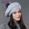 استمتع بنساء Winter Winter Classic French Beret Cashmere Wool Knit Real Fur Pom Beret Hat للسيدة أزياء دافئة الفراء بوم بوم 240127