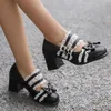 Dress Shoes 2024 Spring Autumn Women Pumps Plus Size 22.5-26.5cm Lace Bow Buckle Lolita Cute Mary Jane Thick Heel