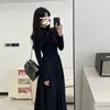 Sıradan Elbiseler Elbise Kadınlar Siyah Yüksek Dereceli Örme Pamuk Yuvarlak Külot Uzun Kollu A-Line Etek Yarım Belvek Bahar ve Sonbahar