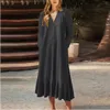 Robes décontractées pour femmes, couleur unie, col en V, dos à lacets, manches longues, ligne A, ample, simplicité, jupe féminine