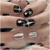 False Nails 24st Black Short Round Y2K Sier Star Design French Fake fl er lossarble Nail Tips Tryck på Drop Delivery Health Beauty A Otivy