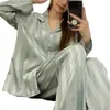Women's Sleepwear Lightweight Women Pajama Set Striped Silky Ice Silk For Long Sleeve Homewear Shirt Wide Leg Pants Spring