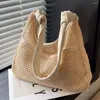 Kvällspåsar Straw Woven Hollowed Out Shoulder Bag Pu Leather Strap Travel 2024 Summer Beach Bohemian Style Solid Color Handbag