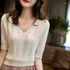 Pulls pour femmes Été manches courtes creux col en V tricot femmes pull hauts Blusas Mujer de Moda 2024 Verano tricoté Womem pull E822