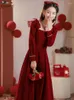 Casual Dresses Year Christmas Chic Elegant Annual Meeting Red Dress Women Square Neck French Design Bow Tie Long Velvet Vestidos