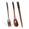 Set di stoviglie Kit da cena naturale giapponese portatile da cucina Stoviglie in legno fatte a mano Forchetta Bacchette Cucchiaio Set Utensili Posate