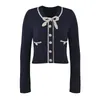 Women's Jackets 2024 Early Spring Fashion Knitted Cardigan High Quality Women Beading Bow Deco Beige Black Sweater Coats Outwear