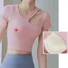 Active Shirts Aiithuug Build-in Cup Yoga Short Sleeve Crop Top Sexy Clavicle Highlight Gym Crops Workout Tops Fitness Jogging Elastic