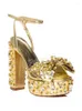 Sandaler Guld Bow Rhinestone Platform Kvinnor Chunky Heel Round Toe Ankle Buckle Strap Solid Summer Party Shoes