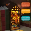 Diy livro canto conjunto 3d quebra-cabeça de madeira móveis e luz led diy mini casa modelo kit para crianças educação precoce adulto 240202